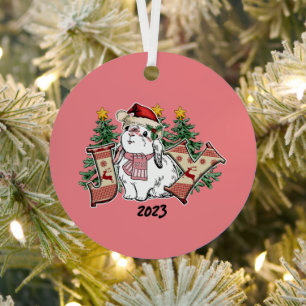 Joy White Rabbit Christmas Metal Ornament