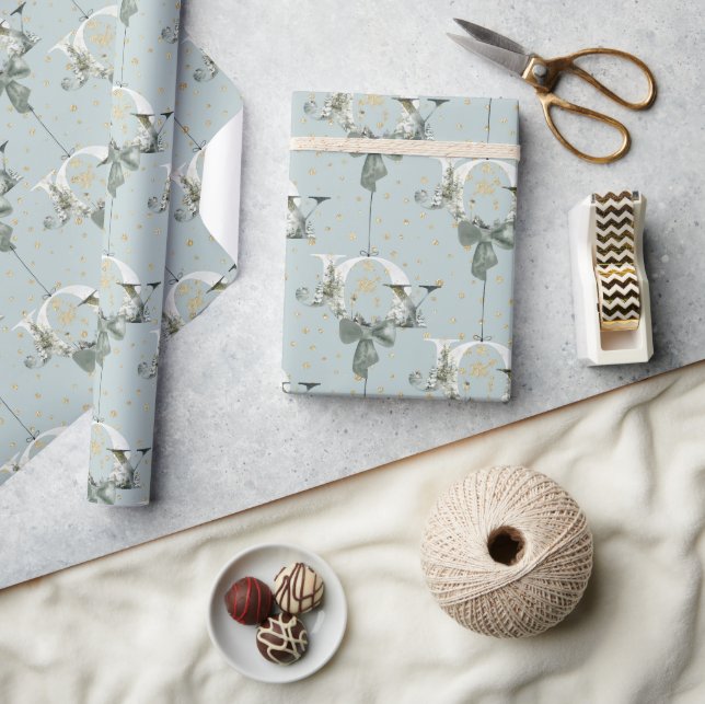 Joy Winter Forest Font Gold Snow Ornament Blue Wrapping Paper (Crafts)