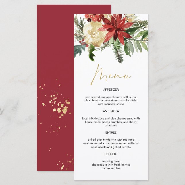 JOY Winter Poinsettia Floral Gold Menu Cards (Front/Back)