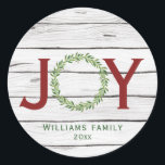 Joy Winter Wreath Family Christmas  Classic Round Sticker<br><div class="desc">Beautiful greenery wreath "Joy"  family customizable stickers.</div>