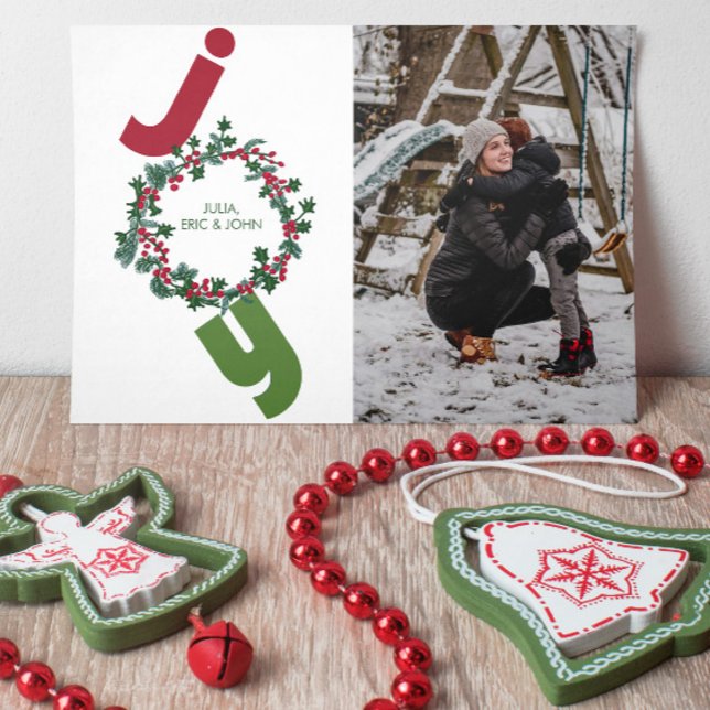 Joy with photo and christmas wreath on green holiday card (Creator Uploaded)