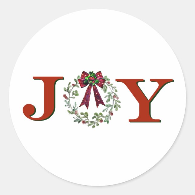 Joy With Wreath Classic Round Sticker (Front)
