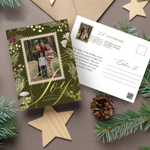 Joy Woodsy Watercolor Mushroom Family Photo Stamp Foil Holiday Postcard