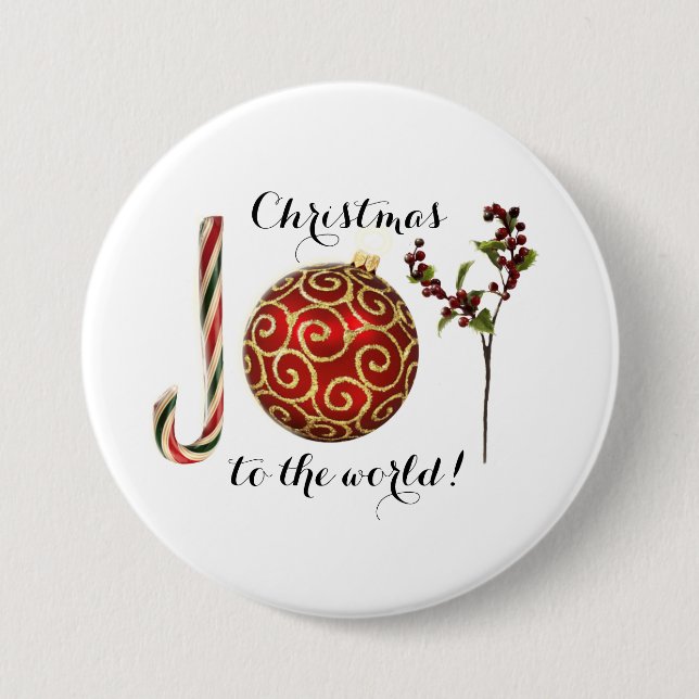 Joy word art candy cane ornament and holly 3 inch round button (Front)