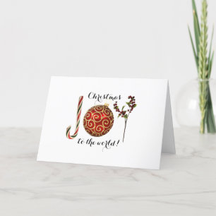 Joy word art candy cane ornament and holly holiday card