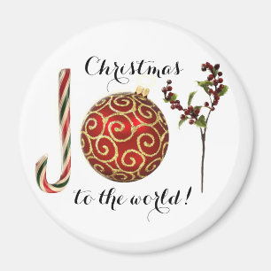Joy word art candy cane ornament and holly magnet