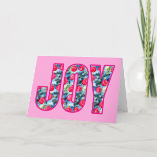 JOY Word Art in Fuchsia Pink and Teal Green Holiday Card