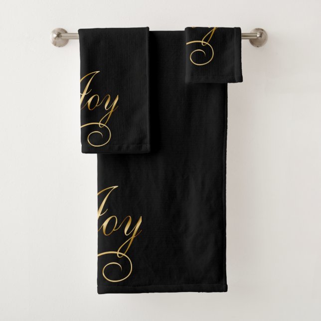 Joy Word Art In Gold On Black Bath Towel Set (Insitu)