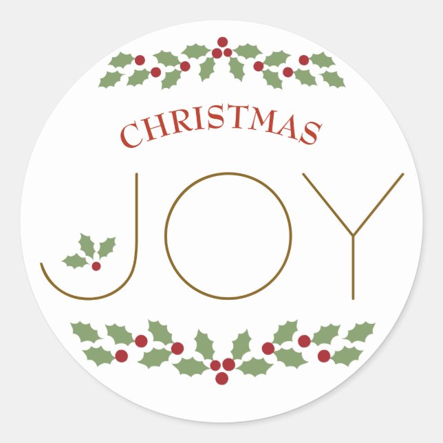 Joy Word Christmas Holly Festive Simple Modern Classic Round Sticker (Front)