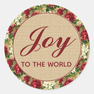 Joy World Christmas Red Floral Rustic Vintage     Classic Round Sticker
