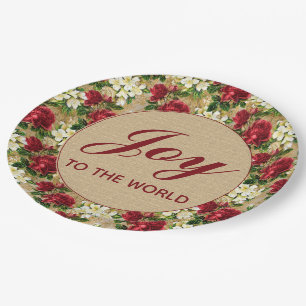 Joy World Christmas Red Floral Rustic Vintage Paper Plate