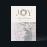 Joy Wreath Christmas Photo Card<br><div class="desc">Elegant holiday card featuring the word JOY with a festive Christmas wreath as the “O” and a customizable family photo below. Classic gold accents and timeless script make this design a beautiful way to send warm Christmas greetings to loved ones. Perfect for sharing holiday cheer with style.</div>
