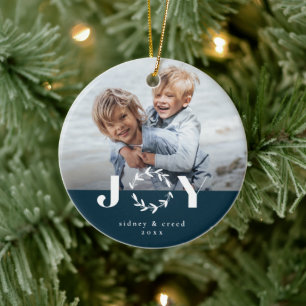 Joy wreath holiday photo ceramic ornament