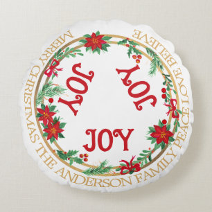 Joy Wreath Red Green Gold Vintage Merry Christmas Round Pillow