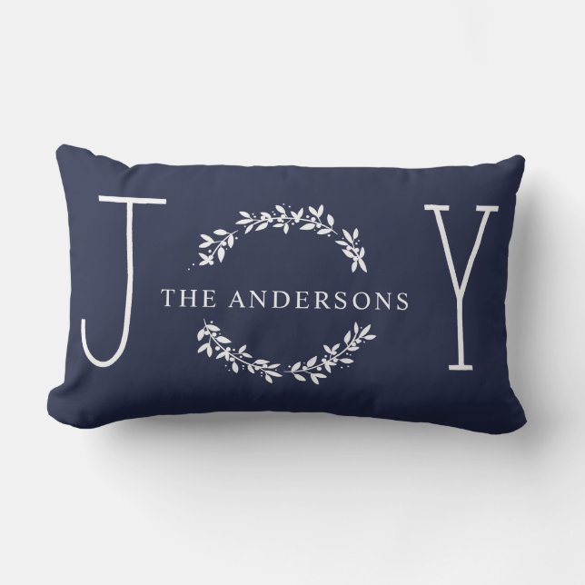 Joy Wreath White Modern Monogram Christmas Holiday Lumbar Pillow (Front)