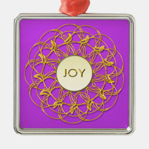 JOY Written in Lace Geometric Gold Design Metal Ornament