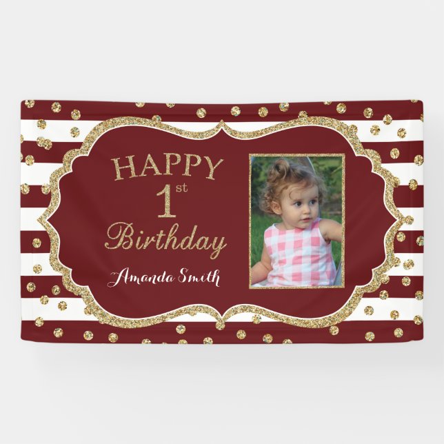 Joyeuse 1ère Bannière Anniversaire Burgundy et Gol (Horizontal)