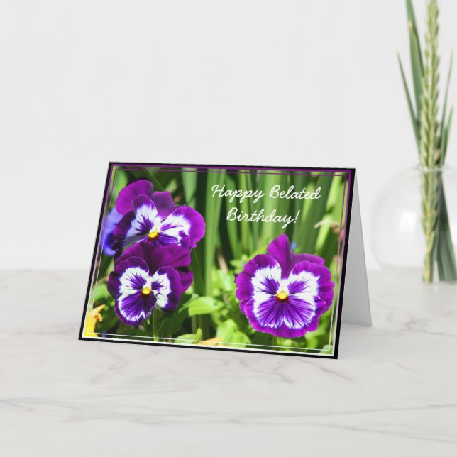 Joyeuse Anniversaire Belated Purple Pansies carte (Devant)