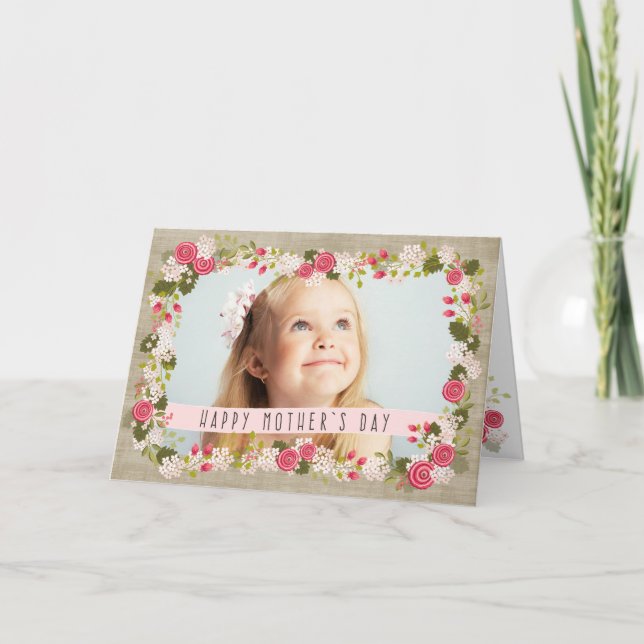 Joyeuse carte Burlap Floral Photo Fête des Mères (Devant)