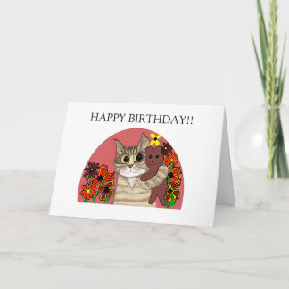 joyeuse carte d'anniversaire enfant chat tenant pe