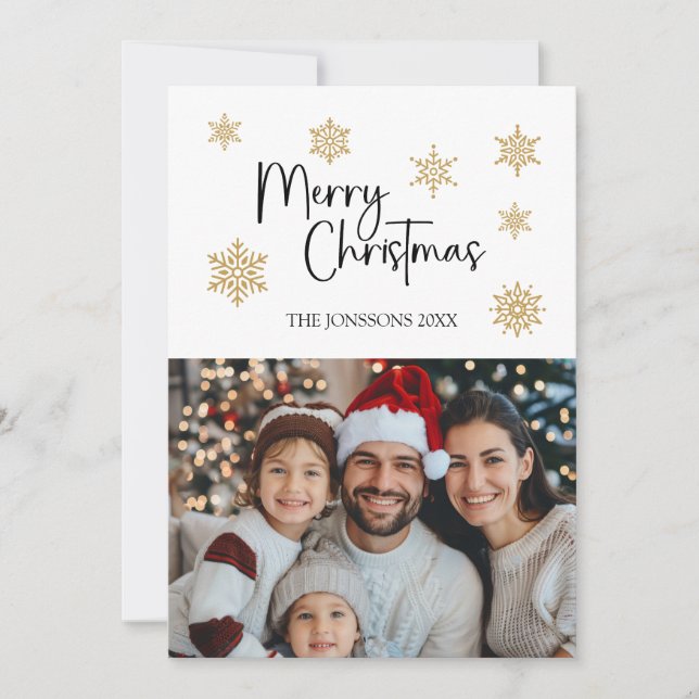 Joyeuse carte de Noël avec photo et flocons d'or (Devant)