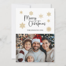 Joyeuse carte de Noël avec photo et flocons d'or