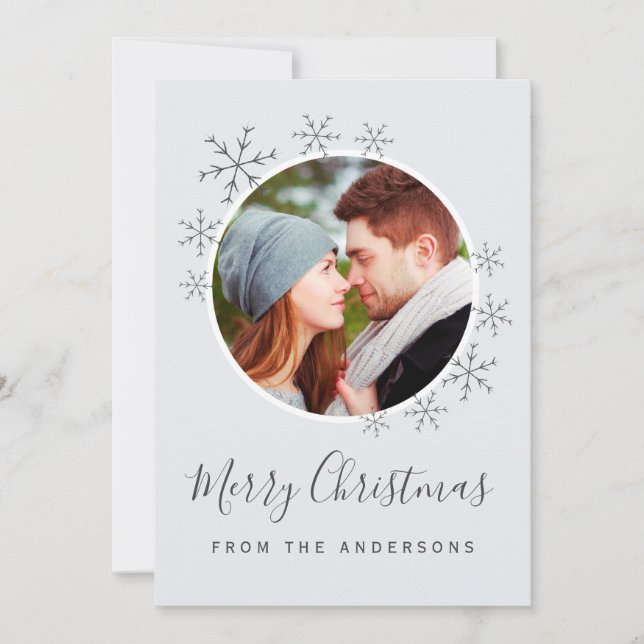 Joyeuse carte de Noël bleu gris avec flocons de ne (Devant)