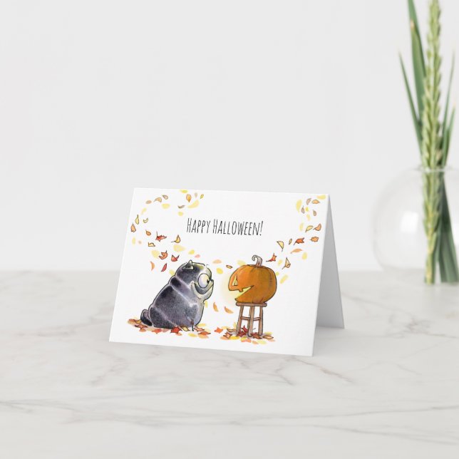 Joyeuse carte jack-o-lanterne carlin noir Hallowee (Devant)