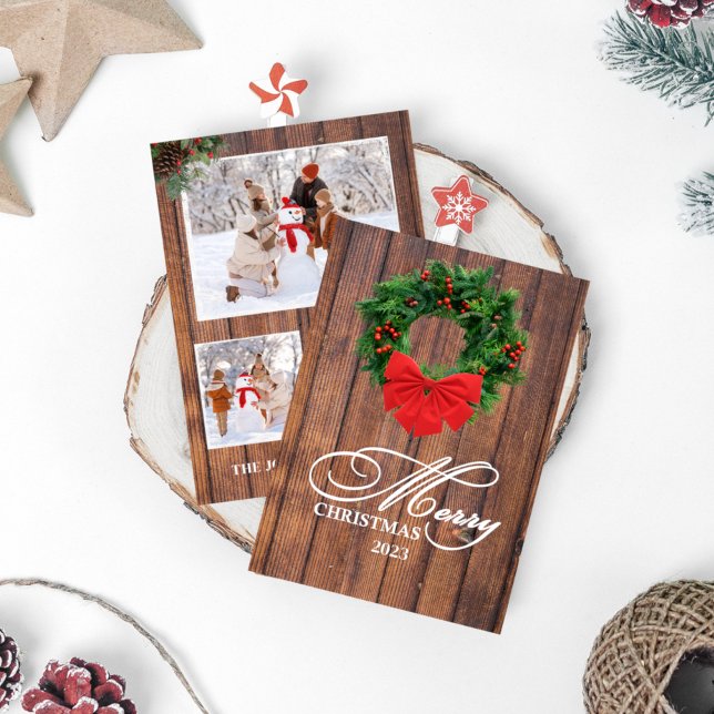 Joyeuse carte photo en bois de couronne de Noël (Créateur téléchargé)
