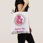 Joyeuse Fête Maman  Tote Bag<br><div class="desc">Une silhouette rose et or d'une maman tenant tendrement son enfant, entourée de fleurs et d'une couronne dorée scintillante. Un design luxueux et émouvant pour honorer toutes les mamans extraordinaires. A pink and gold silhouette of a mother tenderly holding her child, surrounded by flowers and a sparkling golden crown. A...</div>