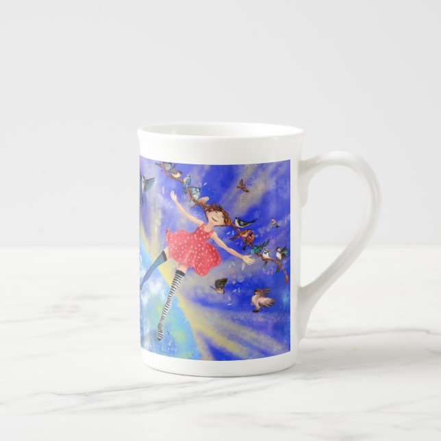 Joyeuse fille avec des oiseaux os Chine Mug (Droite)