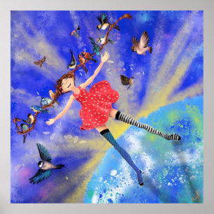 Joyeuse fille avec oiseaux Poster Peinture