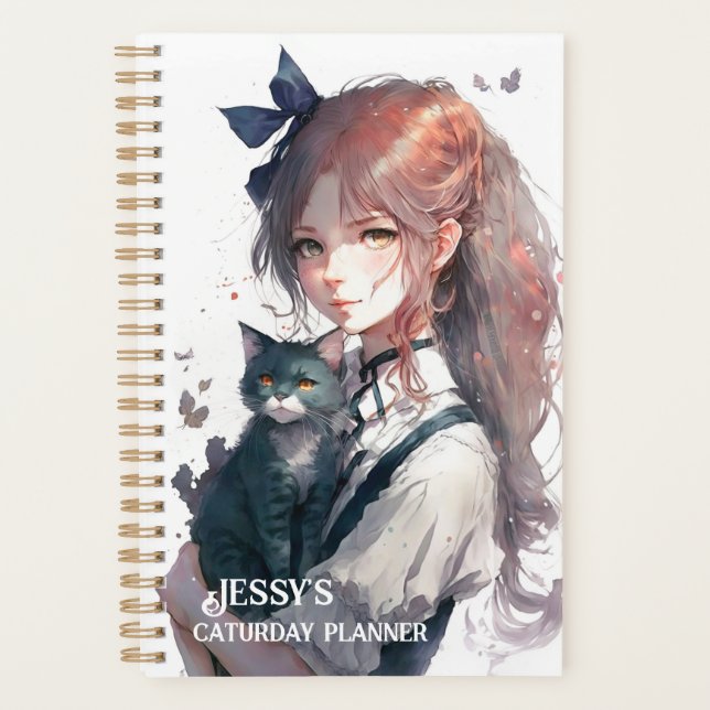 Joyeuse Fille Caturday tenant Son Chat Aquarelle (Devant)