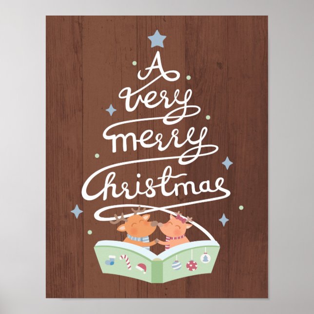 Joyeuse typographie de Noël Cute Reindeers Poster (Devant)
