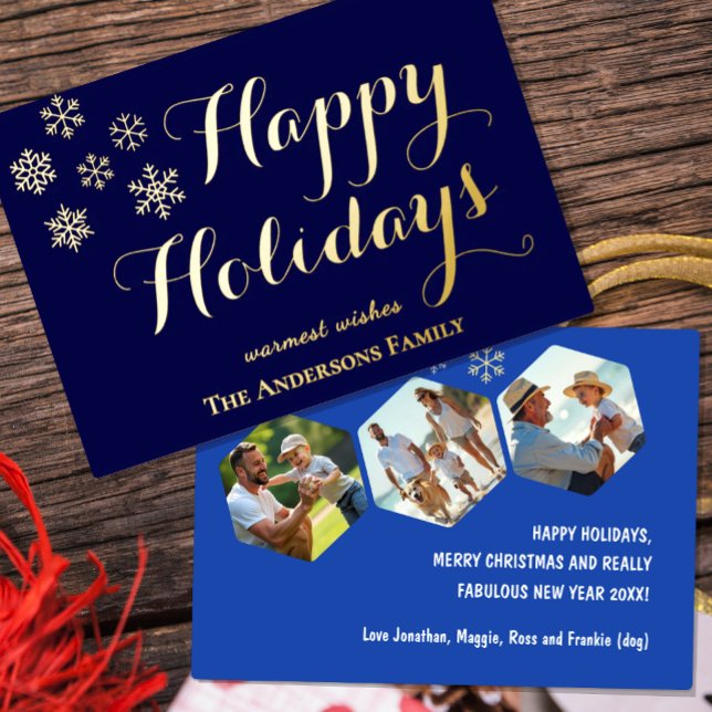 Joyeuses Fêtes, Carte en feuille dorée personnalis (Christmas Navy Blue Photo Foil Card, Happy Holidays)