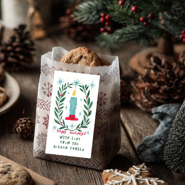 Joyeuses vacances bougie main dessinée cadeau PERS (Happy Holidays Candle Hand Drawn CUSTOM Gift Label Sticker
)