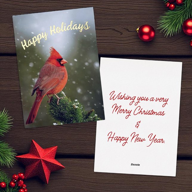 Joyeuses Vacances Cardinal En À feuillage persista (Christmas card foil front and template text back)