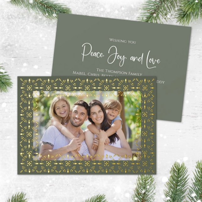 Joyeuses vacances Green Snowflake Photo (Real gold foil holiday photo card with a one photo template. )
