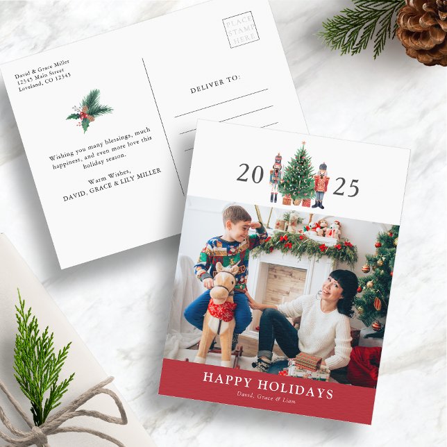 Joyeuses vacances Photo carte postale (Happy Holidays 2025 Nutcracker Red Photo Christmas Postcard by Painted Paperie)