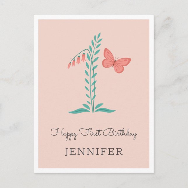 Joyeux 1er anniversaire Bébé Fille Papillon Carte  (Devant)