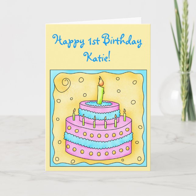 Joyeux 1er Anniversaire Carte Gâteau rose sur Jaun (Devant)