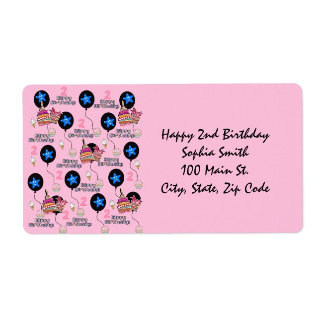 Joyeux 2e anniversaire Étiquettes de adresse, rose (Devant)