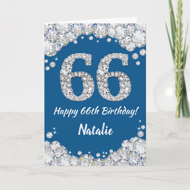 Joyeux 66e Anniversaire Carte Pailletée Bleue et A (Devant)