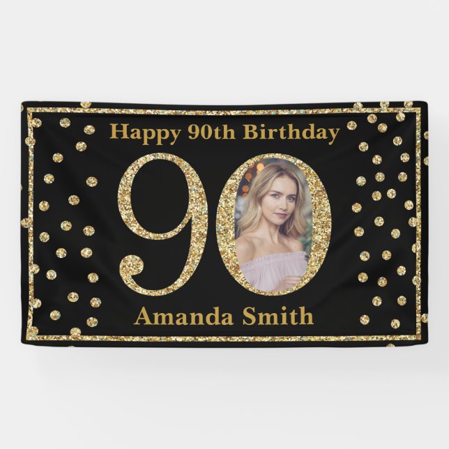 Joyeux 90e anniversaire bannière Black and Gold Ph (Horizontal)