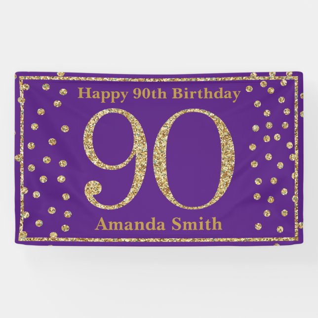 Joyeux 90e anniversaire Bannière Purple and Gold P (Horizontal)