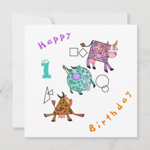 Joyeux Anniversaire 1 Carte Vaches géométriques co