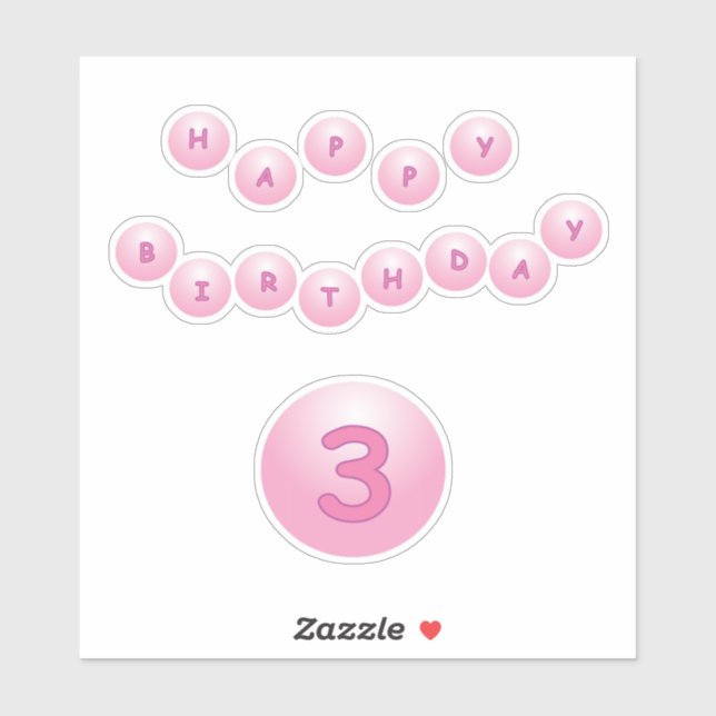 Joyeux Anniversaire 3 Pink Bouncy Balls Sticker (Feuille)