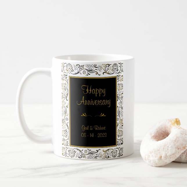 Joyeux Anniversaire Black Gold White café Mug (Avec donut)