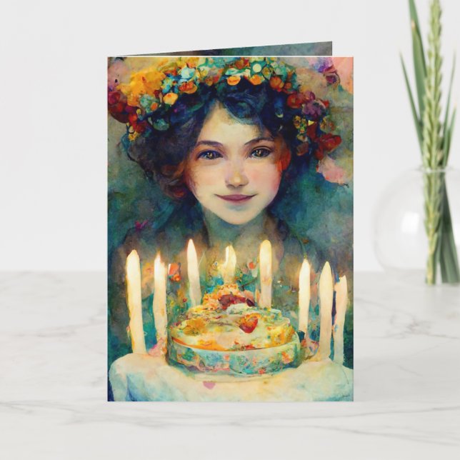 Joyeux anniversaire! carte avec fille et beau gâte (Devant)