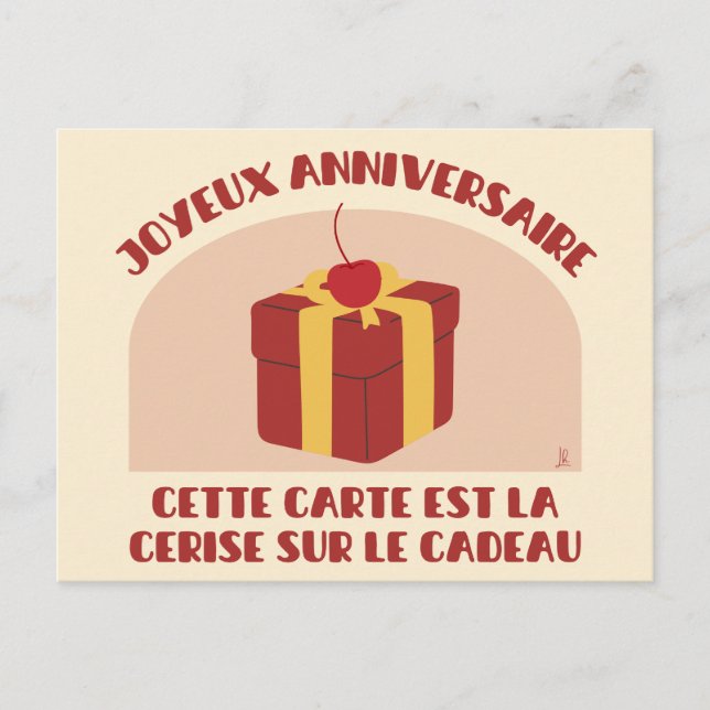 Joyeux anniversaire, carte cerise sur le cadeau (Devant)